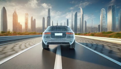 Riding wireframe car concept on the road and futuristic city on the background