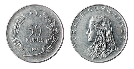 Coin 50 kurus. Turkey. 1971 year. on white background