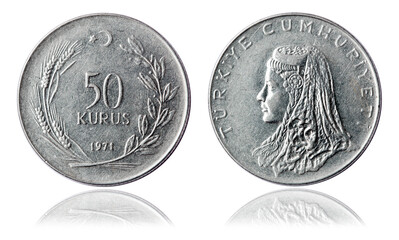Coin 50 kurus. Turkey. 1971 year. on white background