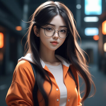 Beautiful anime girl wearing ฺ orange shirt, wavy long black hair and glasses, nerdy appearance. ai generative