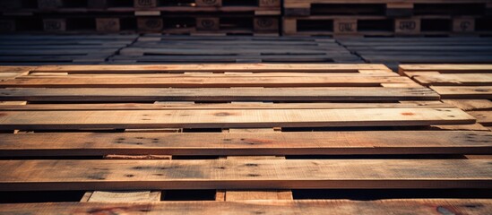 Wooden pallet viewed from the front and an angle. Used for loading and transporting cargo. Equipment for shipping and storing goods.