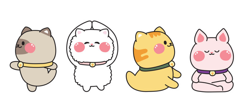 Set of cute pet in various yoga poses.Cat meditation collection.Animal cartoon hand drawn.Image for card,sticker.Meow lover.Kawaii.Isolated.Vector.Illustration.