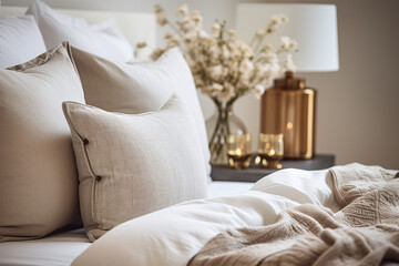 Contemporary bedroom with soft textures, focusing on a luxurious bed, textured throw pillows, and soft ambient lighting. Earthy color palette with muted tones.