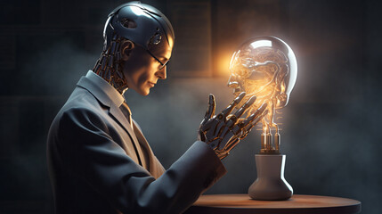 Cyborg or robot assistant with idea light bulb