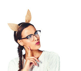 Woman, thinking and rabbit ears for thoughts for decision or problem solving, solution or isolated...