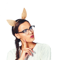 Woman, thinking and rabbit ears for thoughts for decision or problem solving, solution or isolated on transparent png background. Female person, hand gesture for wondering bunny accessory or doubt
