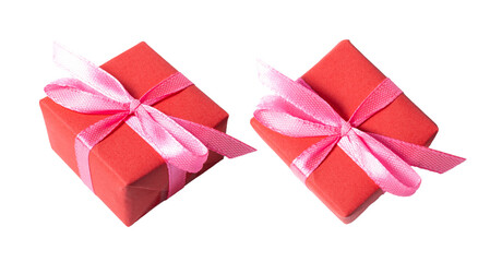 Red gift with pink bow ribbon, isolated on white or transparent background cutout.