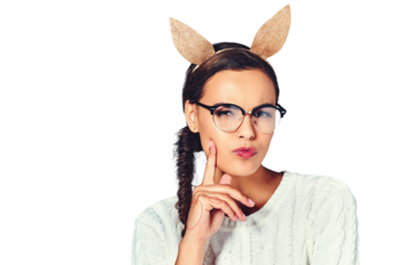 Portrait, rabbit ears and woman with glasses, thinking and confident girl isolated on a transparent background. Face, person and model with eyewear, ideas and comic with animal headband, png and joy