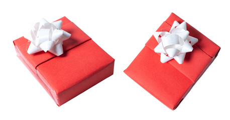 Red gift with white bow ribbon, isolated on white or transparent background cutout.