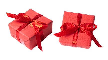 Red gift with bow ribbon, isolated on white or transparent background cutout.