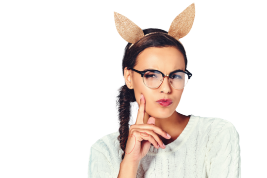 Portrait, rabbit ears and woman with glasses, thinking and confident girl isolated on a transparent background. Face, person and model with eyewear, ideas and comic with animal headband, png and joy
