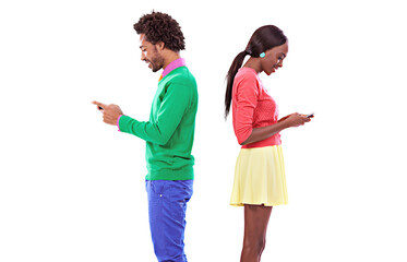 Happy, black couple and typing on smartphone, back or networking on mobile notification. Man, smile...