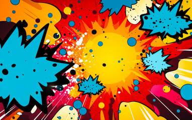 Fototapeta na wymiar Colorful Comic Book Style Explosion Background with Speech Bubbles, Dots, and Bang Effects in Pop Art Design