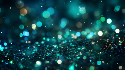 The blue and green glitter lights background. AI Generated.