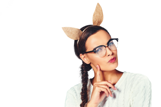 Woman, portrait and thinking bunny ears for thoughts decision, problem solving or isolated on transparent png background. Female person, hand gesture for wonder rabbit accessory, doubt for solution