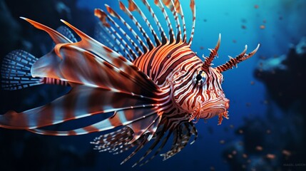 A Lionfish (Pterois) hovering in the clear waters, the image displaying its vivid colors and textures in high-resolution
