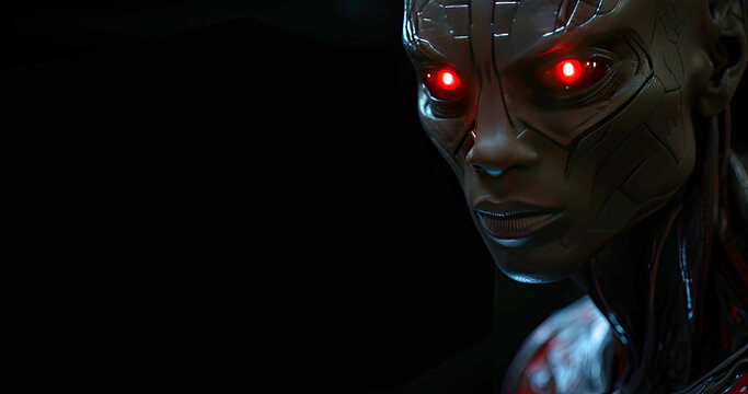 Portrait of a grey futuristic alien with big red eyes on the black background. web banner with copy space for text