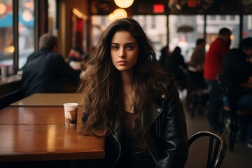 Fototapeta na wymiar Portrait of a beautiful young brunette woman sitting in a cafe with a cup of coffee