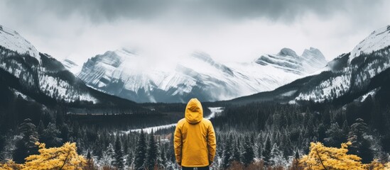 Someone in a yellow jacket admiring the snowy forest and distant mountains on a cloudy day in the Canadian Rockies.