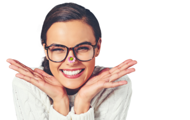 Woman, portrait and happy or flower on nose for good mood, positive attitude or isolated on transparent png background. Female person, face and smile for fresh spring day, confidence or daisy plant
