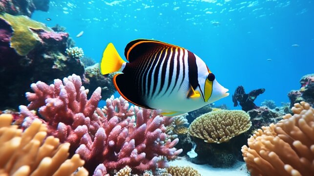 A majestic Moorish Idol swimming in a vibrant coral reef, captured in