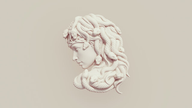 Medusa gorgon Greek mythology snakes hair soft tones beige brown neutral background 3d illustration render digital rendering