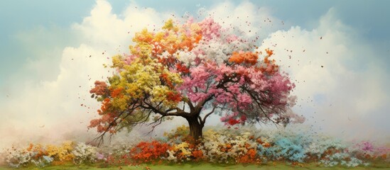 Obraz na płótnie Canvas Tree adorned with delicate flowers and vibrant pale foliage.