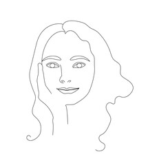 Woman face with wavy hair. Dreamy expression on the face. Black and white hand drawn line art. Outline vector illustration. Isolated on a white background. Editable contour.
