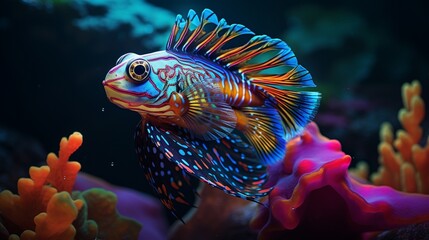 A Mandarin Fish in its natural habitat, surrounded by rich aquatic life, captured in full ultra HD.