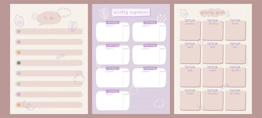 Set of printable daily, yearly goal, weekly expenses, to do notes taking planner journal tracker organiser sheets in cute pastel design.Hand drawn vector illustration doodle