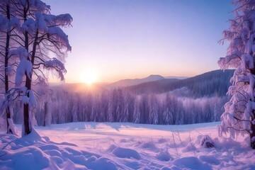 winter panorama landscape with forest, trees covered snow and sunrise. winterly morning of a new day. purple winter landscape with sunset, 