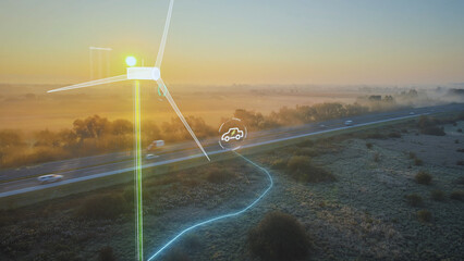 Futuristic holographic wind turbine powering an electric car driving on the highway during sunset,...