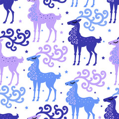 Seamless pattern with blue deer on a white background. For the design of Christmas and New Year fabrics, wallpapers, backgrounds. cards, wrapping paper. Vector