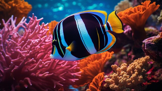 A Moorish Idol elegantly posing against a backdrop of colorful corals, the image rendered in