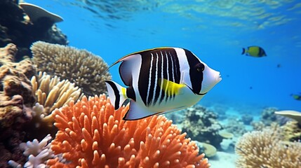 A Moorish Idol (Zanclus cornutus) gracefully swimming in a vibrant coral reef, its striking colors and long dorsal fin captured in stunning - obrazy, fototapety, plakaty
