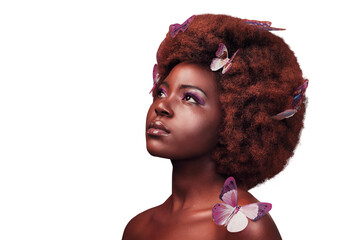 Black model, beauty and makeup with butterflies in hair, cosmetics and serious with natural glow...