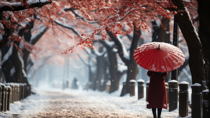 a girl in red Kimono with umbrella with white snow, Hokkaido, Japan. --ar 16:9 --style raw --stylize 750 --v 5.2 Job ID: d4c1a50a-67fb-43c2-9790-bb7ca3262805 - obrazy, fototapety, plakaty