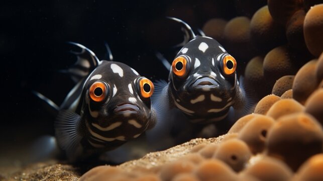 A pair of Banggai Cardinalfish guarding their brood of eggs inside their mouth, captured in remarkable clarity and resolution.