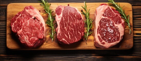 Top view of three marbled ribeye steaks on wooden butcher block.