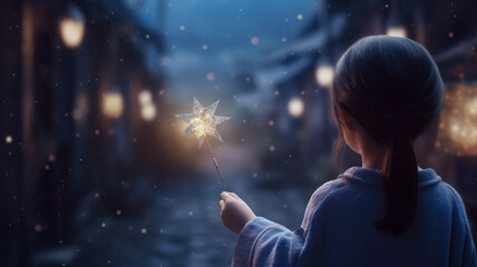 a girl with magic wand, stars shining, hopeful aura.