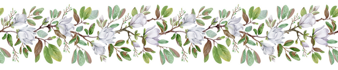 White magnolias on an isolated background. Watercolor seamless border of blooming flowers. Greenery foliage botanical decoration design for wedding invitations.