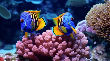 Obraz premium A pair of Blue Jaw Triggerfish (Xanthichthys auromarginatus) engaged in a graceful courtship dance, surrounded by colorful coral formations.