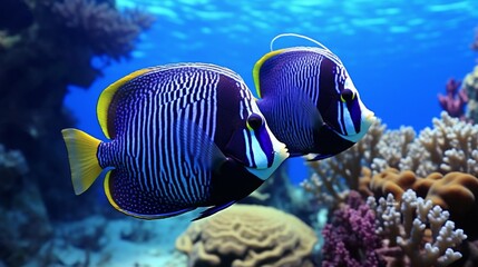 Naklejka na ściany i meble A pair of Emperor Angelfish swimming together in perfect harmony, beautifully depicted in