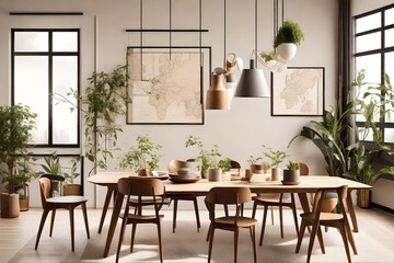 Stylish and botany interior of dining room with design craft wooden table, chairs, 