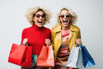 cheerful and funny happy 2 woman are shopping - obrazy, fototapety, plakaty