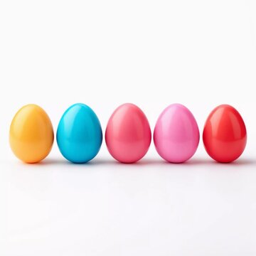 Bright, colorful Easter eggs in a row, isolated on white, AI generator