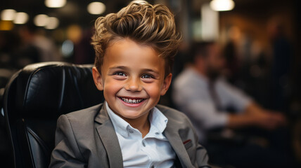 Cute little boy is getting haircut by hairdresser at the barbershop - obrazy, fototapety, plakaty