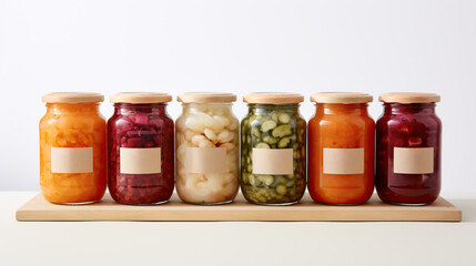 Assorted pickled or fermented vegetables in jars on white, sealed and stored