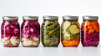 Assorted pickled or fermented vegetables in jars on white, sealed and stored - obrazy, fototapety, plakaty