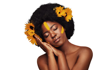 Beauty, skincare and a black woman with flowers in her hair isolated on transparent background....